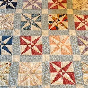 Vintage Patchwork Star Quilt - Blue, Red, Peach, Cream
